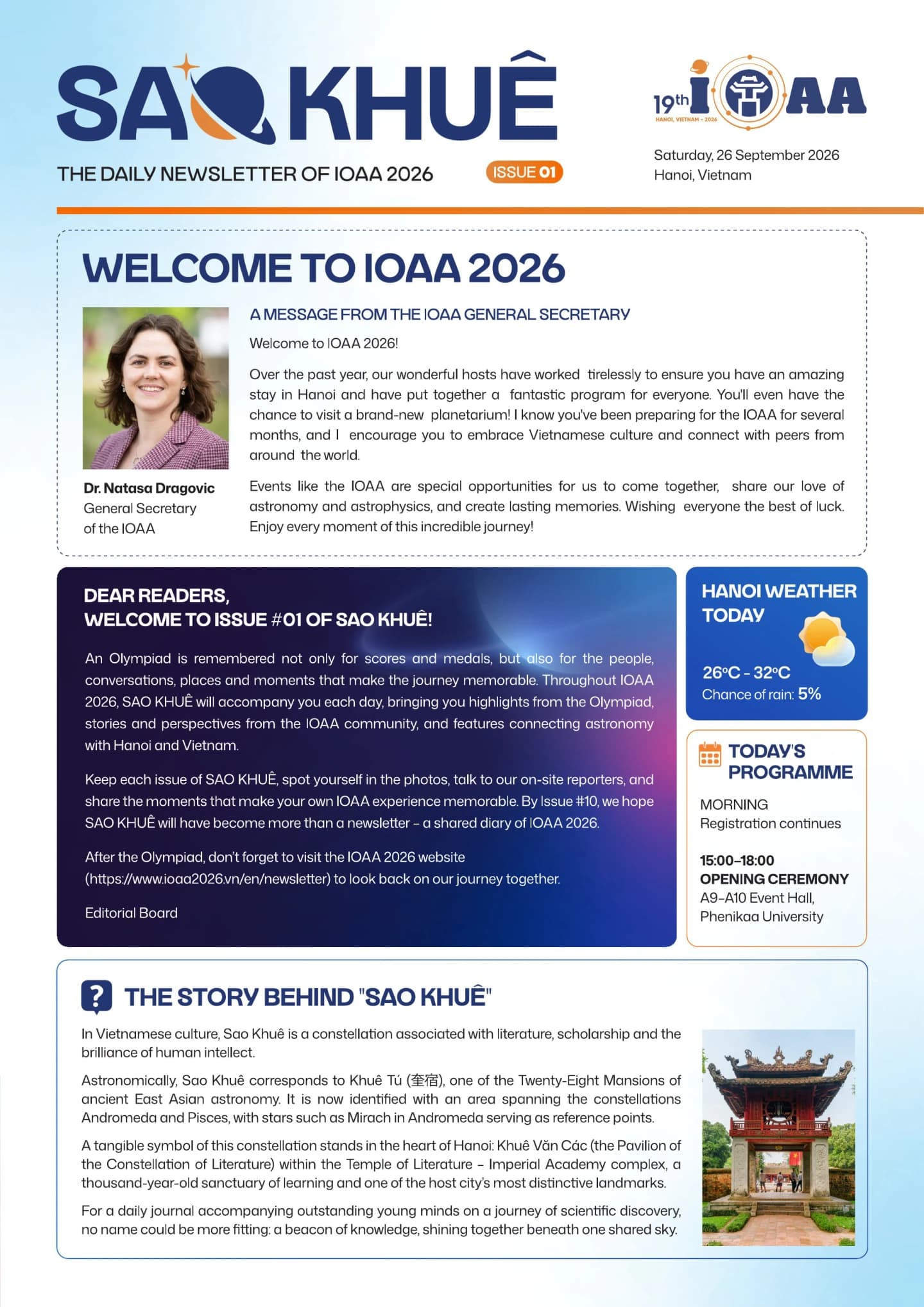 Cover of SAO KHUÊ - THE DAILY NEWSLETTER OF IOAA 2026 ISSUE 01 | SATURDAY, 26 SEPTEMBER 2026