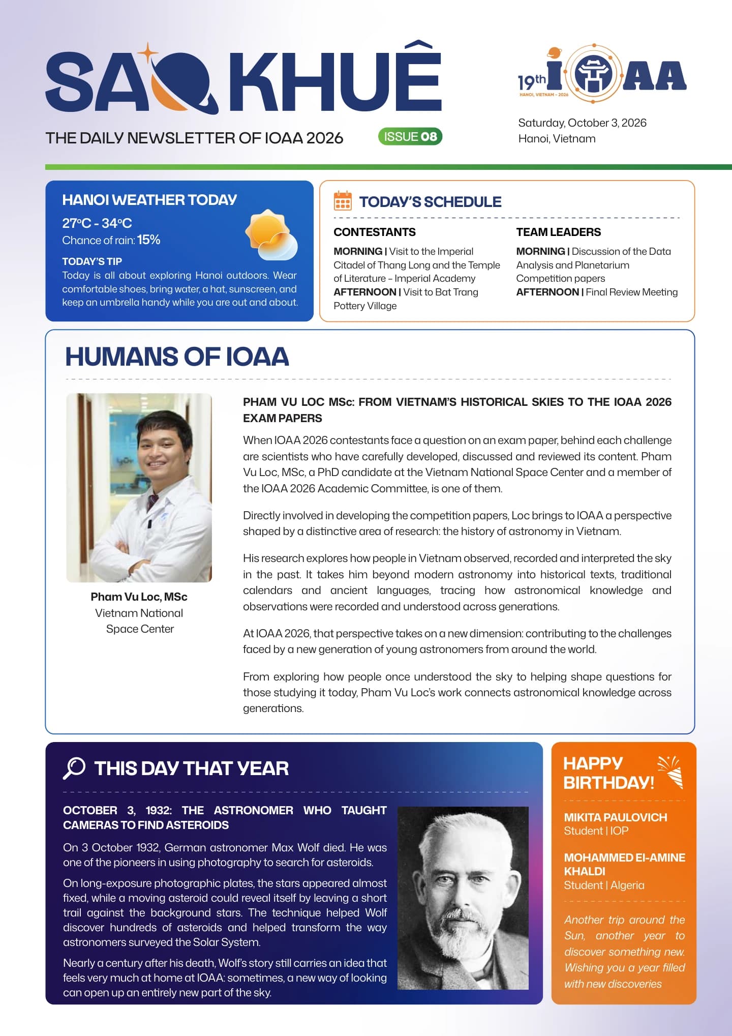 Cover of SAO KHUÊ - THE DAILY NEWSLETTER OF IOAA 2026 ISSUE 08 | SATURDAY, 03 OCTOBER 2026
